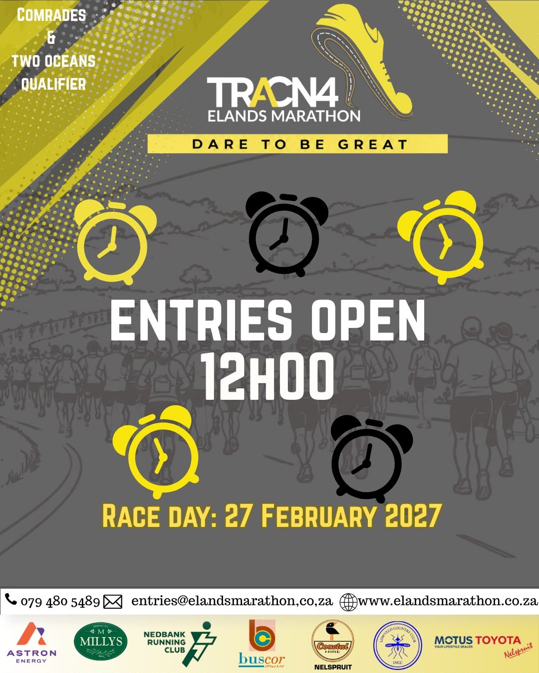 Entries open at 12h00. TRAC N4 Elands Marathon, race day 27 February 2027. Comrades and Two Oceans qualifier.