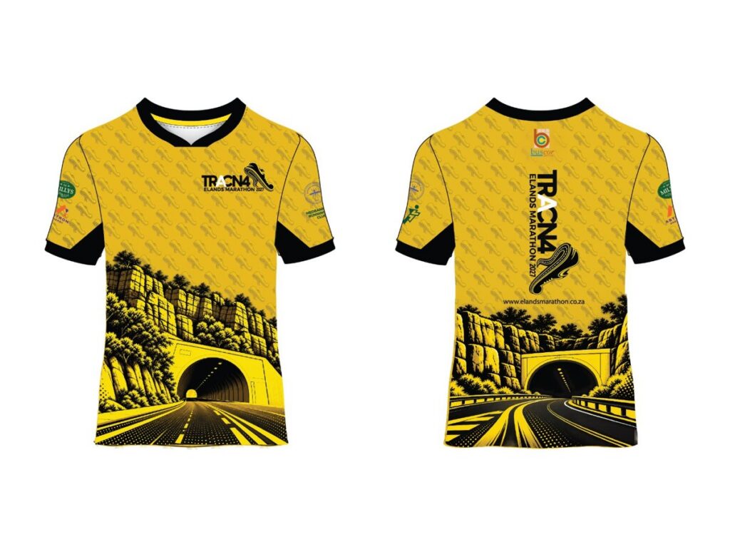 Front and back of the yellow 2027 race shirt with the N4 tunnel artwork and the TRAC N4 Elands Marathon logo