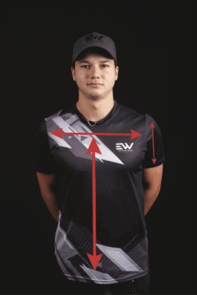 Model in a short-sleeve running shirt with arrows showing where chest, length and sleeve are measured