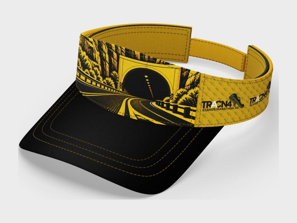 Running visor with a black peak and the N4 tunnel artwork on a yellow band